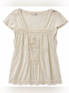 Anthropologie Solitaire Cream Crochet-Trim Cotton Peasant Top- M